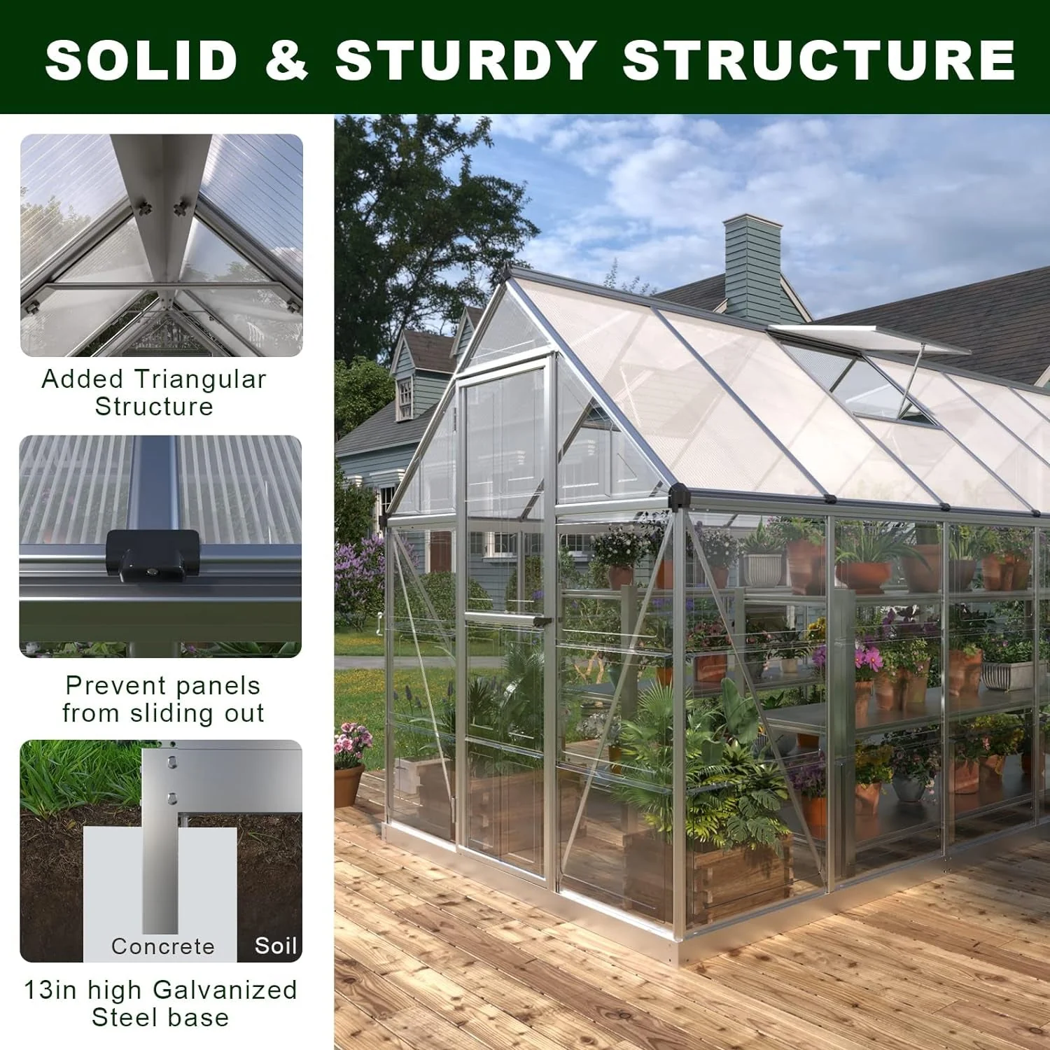 [06x16FT] Extra Large Outdoor Polycarbonate Aluminum Walk-In Greenhouse With Lockable Hinged Door (93148572) - Image 3
