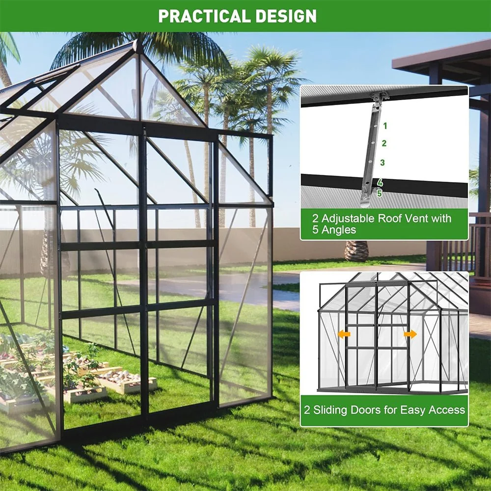 [08x12FT] Heavy Duty Large Premium Aluminum Outdoor Polycarbonate Walk-In Greenhouse W/ Sliding Doors (91842753) - Image 6