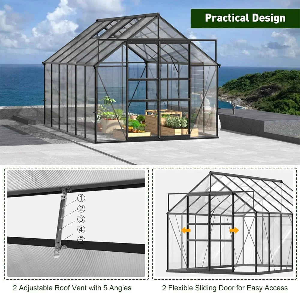 [08x12FT] Large Heavy Duty Outdoor Walk-In Polycarbonate Greenhouse Kit With Adjustable Vents And Sliding Doors (95736851) - Image 4