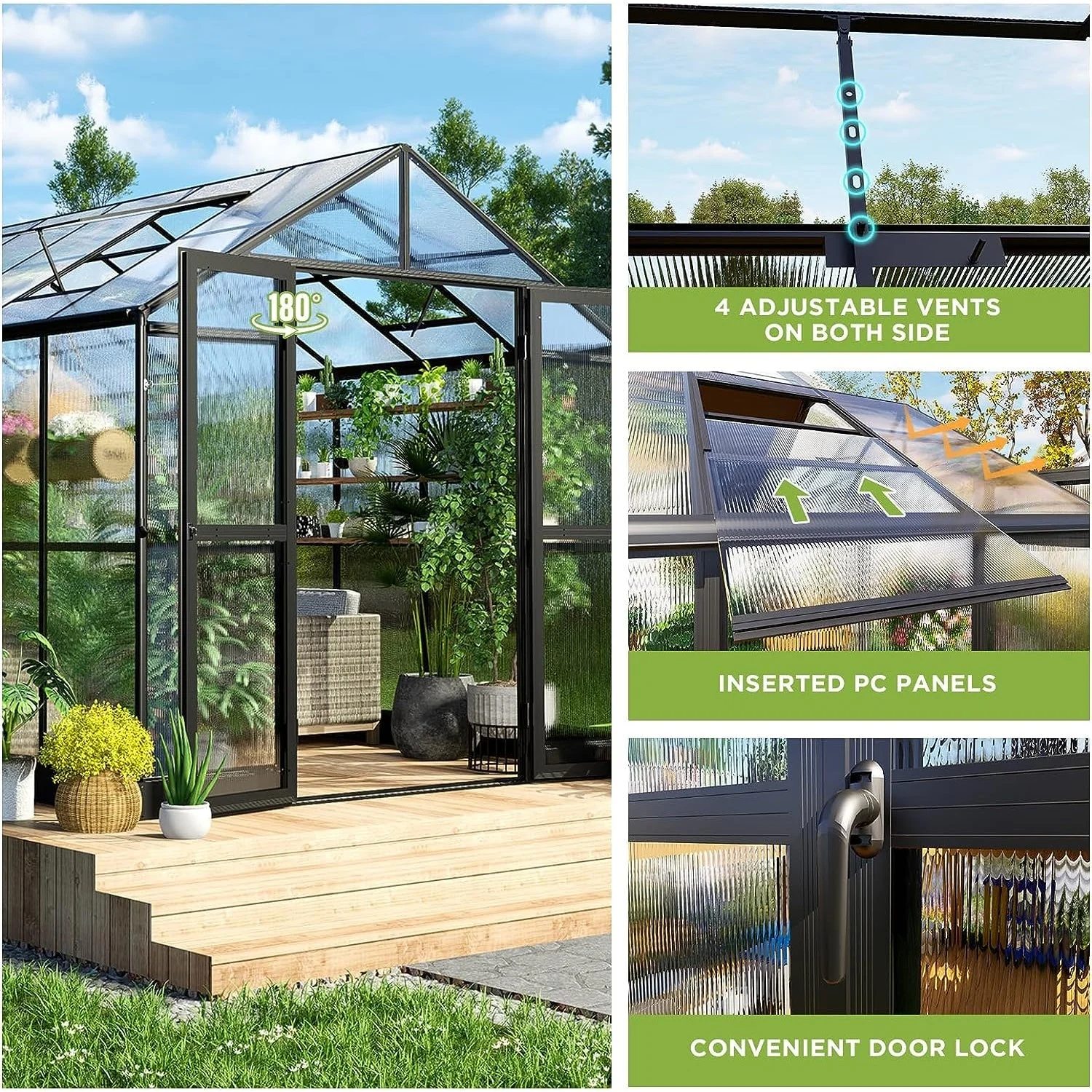 [08x12FT] Large Premium Outdoor Aluminum Polycarbonate Greenhouse With Double Swing Doors - Image 4