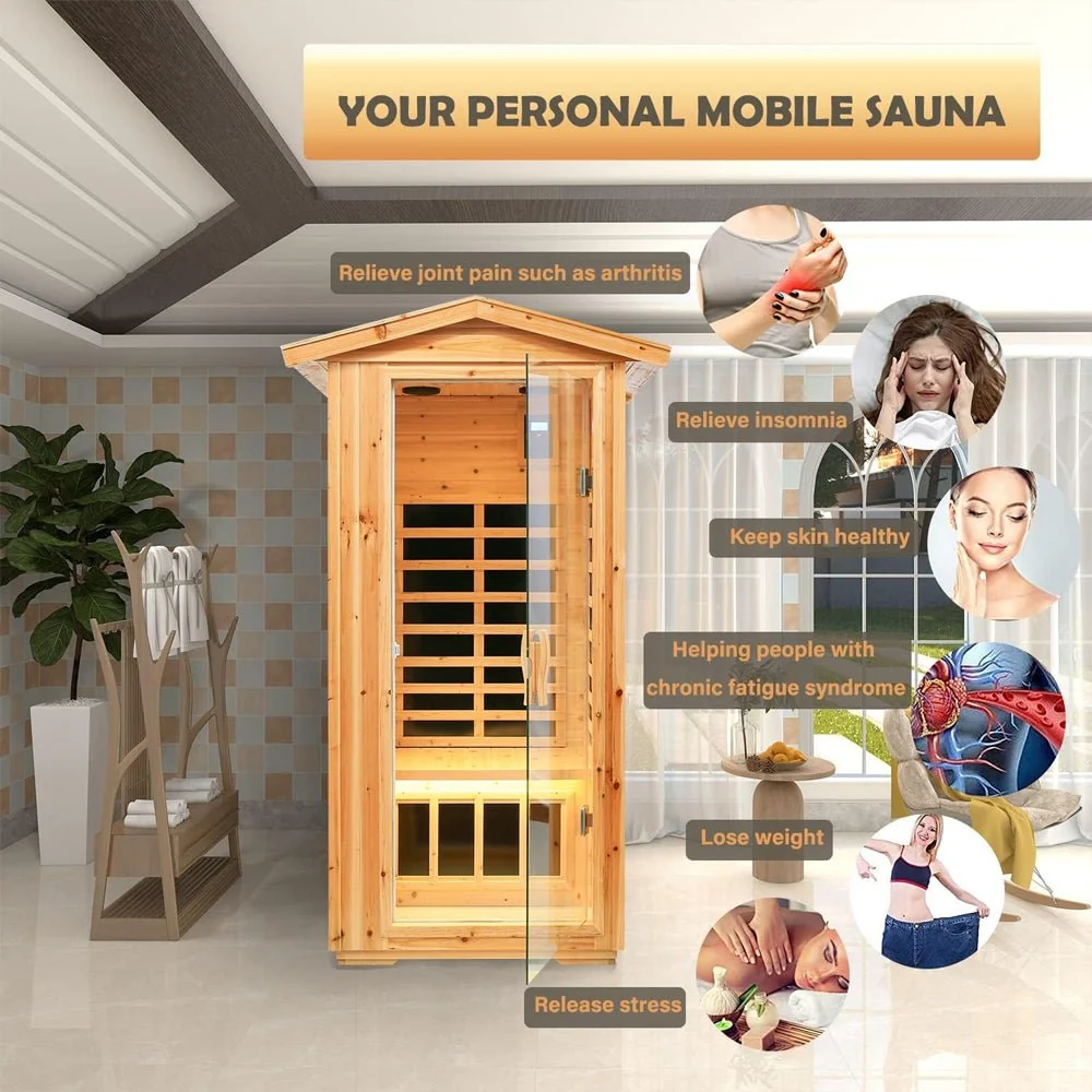 1-Person Ultra Low EMF Outdoor FAR Infrared Heat Hemlock Wood Personal Home Spa Sauna, 1560W - Image 5