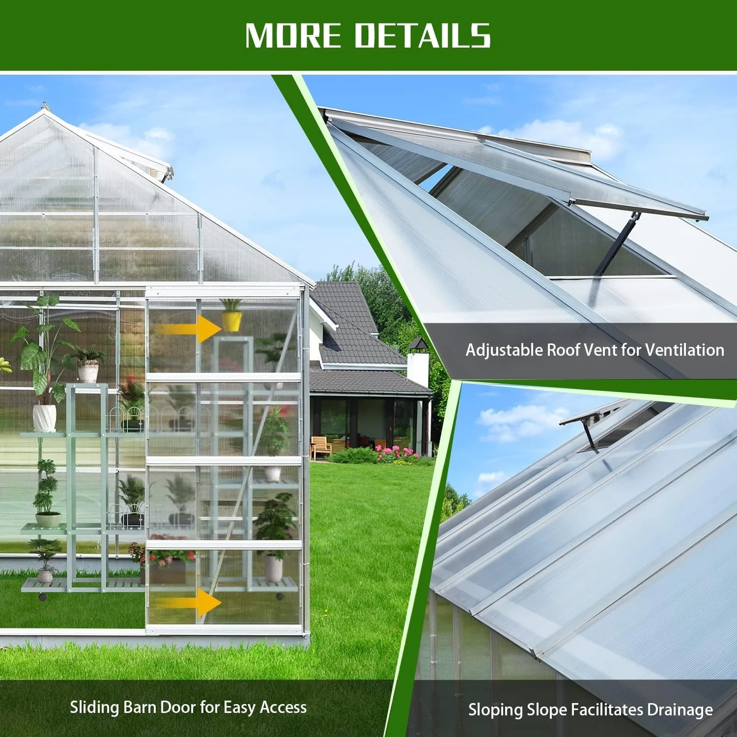 [10x10FT] Premium Outdoor Aluminum Walk-In Greenhouse With Polycarbonate Panels & Sliding Doors (94638275) - Image 5