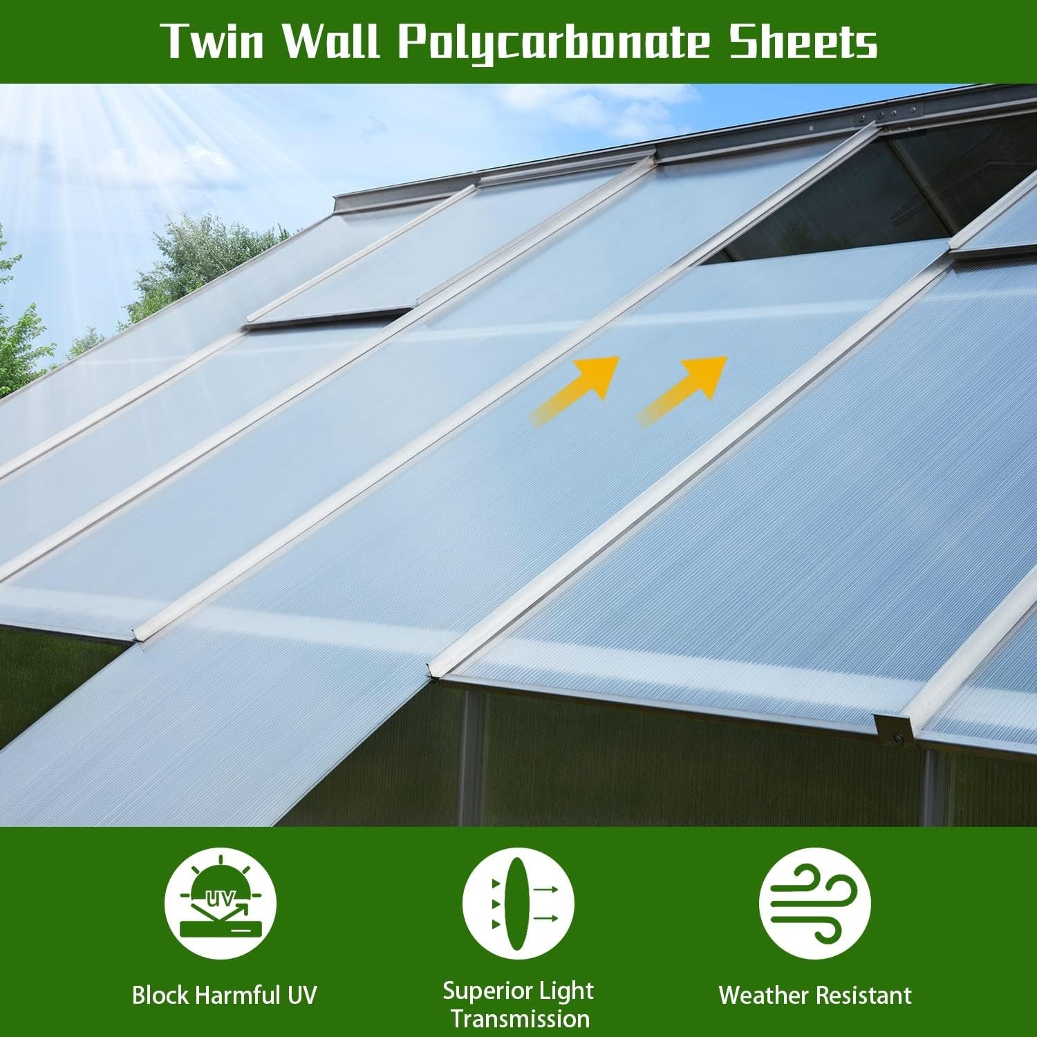 [10x10FT] Premium Outdoor Aluminum Walk-In Greenhouse With Polycarbonate Panels & Sliding Doors (94638275) - Image 7