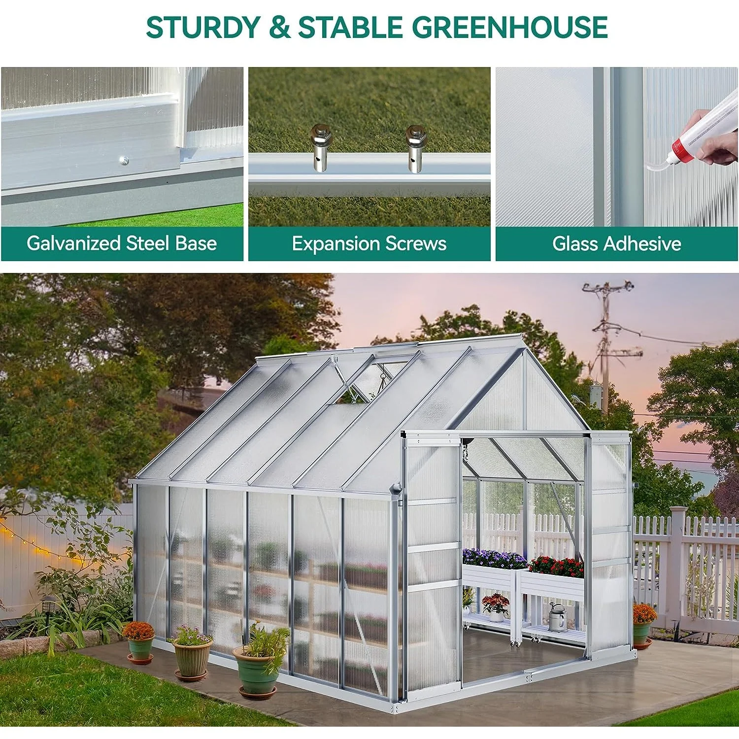 [10x12FT] Extra Large Heavy Duty Polycarbonate Aluminum Greenhouse With Sliding Doors And Vents (92574183) - Image 5