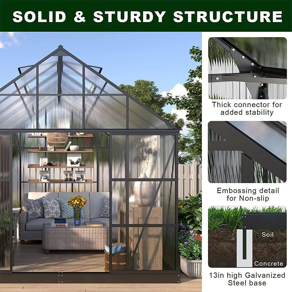 [10x12FT] Heavy Duty Outdoor Walk-In Polycarbonate Patio Greenhouse With Sliding Doors & Vents - Image 3