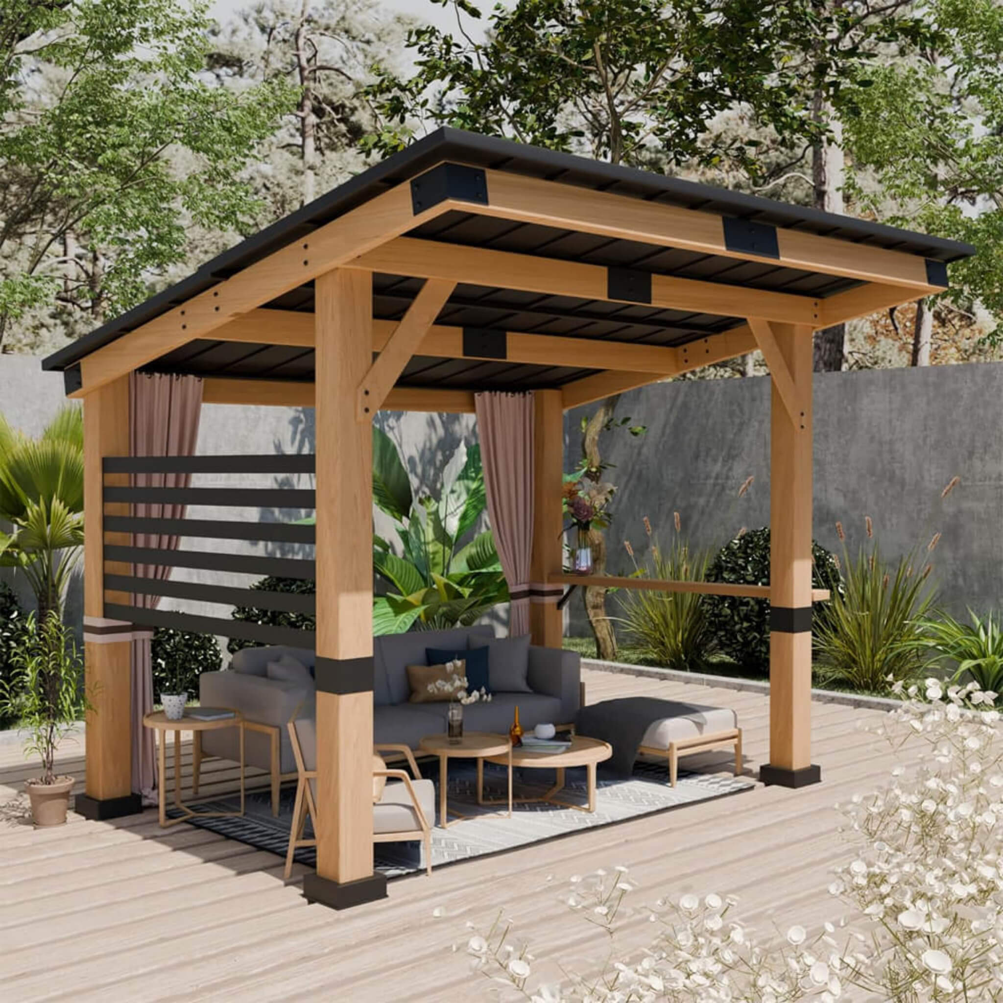 [10x12FT] Heavy Duty Premium Outdoor All-Season Wooden Cedar Hardtop Gazebo With Metal Roof & Back Curtains