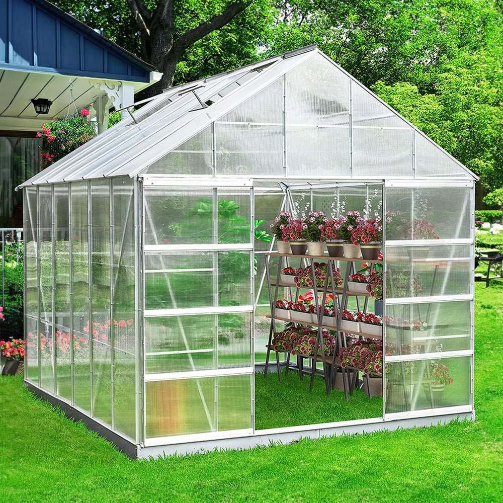[10x12FT] Large Heavy Duty Outdoor Walk-In Polycarbonate Aluminum Frame Greenhouse With Adjustable Vents & Sliding Doors - Image 5