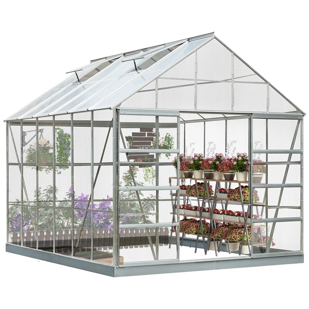 [10x12FT] Large Heavy Duty Outdoor Walk-In Polycarbonate Aluminum Frame Greenhouse With Adjustable Vents & Sliding Doors - Image 6