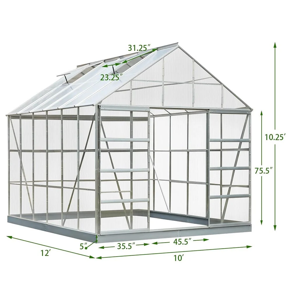 [10x12FT] Large Heavy Duty Outdoor Walk-In Polycarbonate Aluminum Frame Greenhouse With Adjustable Vents & Sliding Doors - Image 8