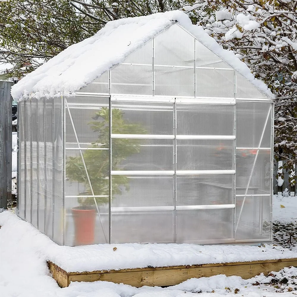 [10x12FT] Large Heavy Duty Outdoor Walk-In Polycarbonate Aluminum Frame Greenhouse With Adjustable Vents & Sliding Doors - Image 9