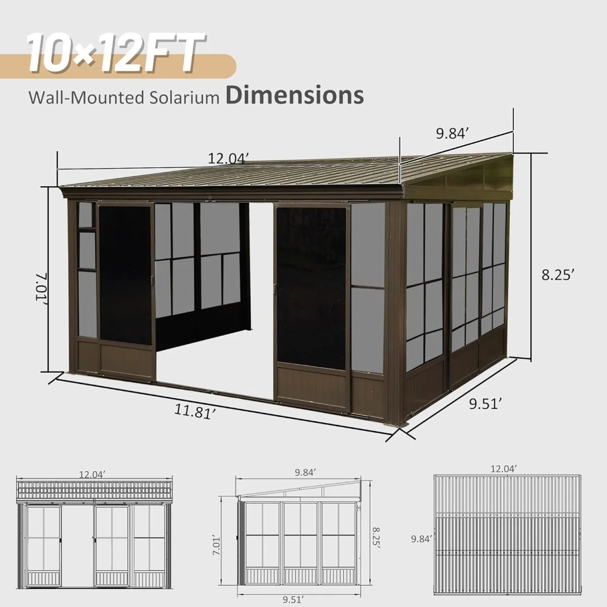 [10x12FT] Premium Against Wall Mounted Solarium Sunroom With Galvanized Steel Sloping Roof - Image 3