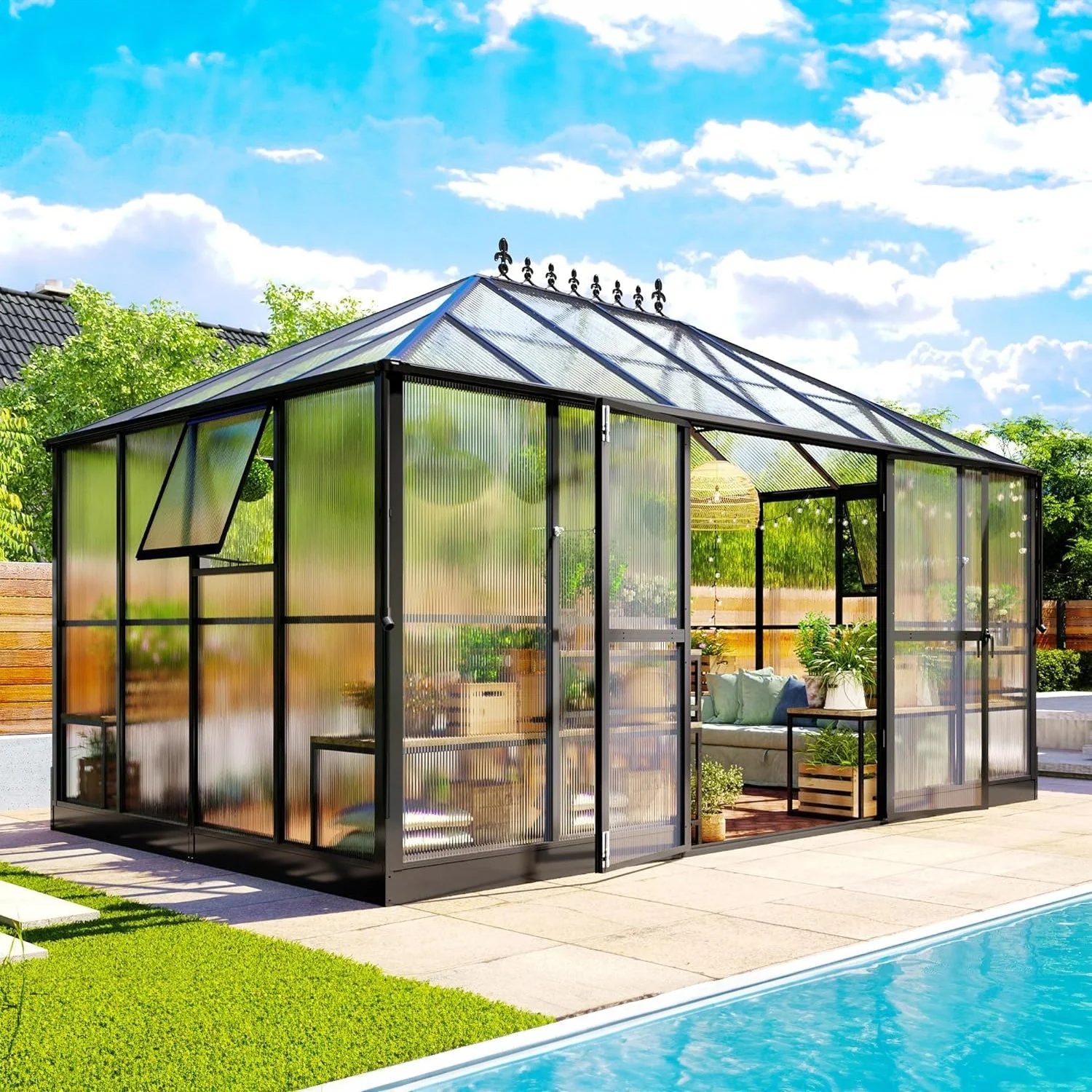 [10x14FT] Premium Outdoor Polycarbonate Greenhouse With Aluminum Frame And Double Swing Doors (93841752) - Image 10