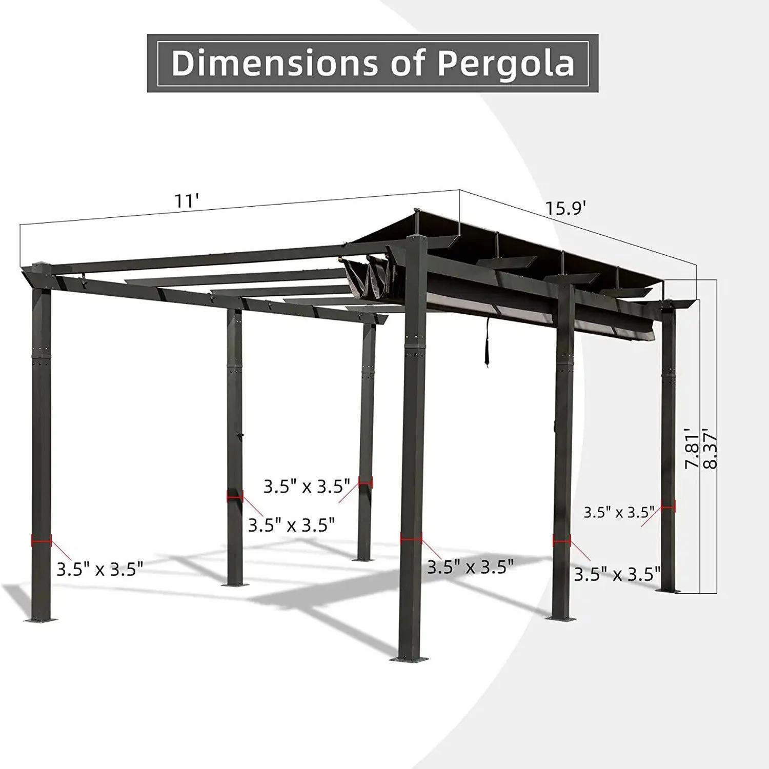 [11x16FT] Outdoor Retractable Backyard Aluminum Metal Pergola Gazebo With Roof (97516804) - Image 6