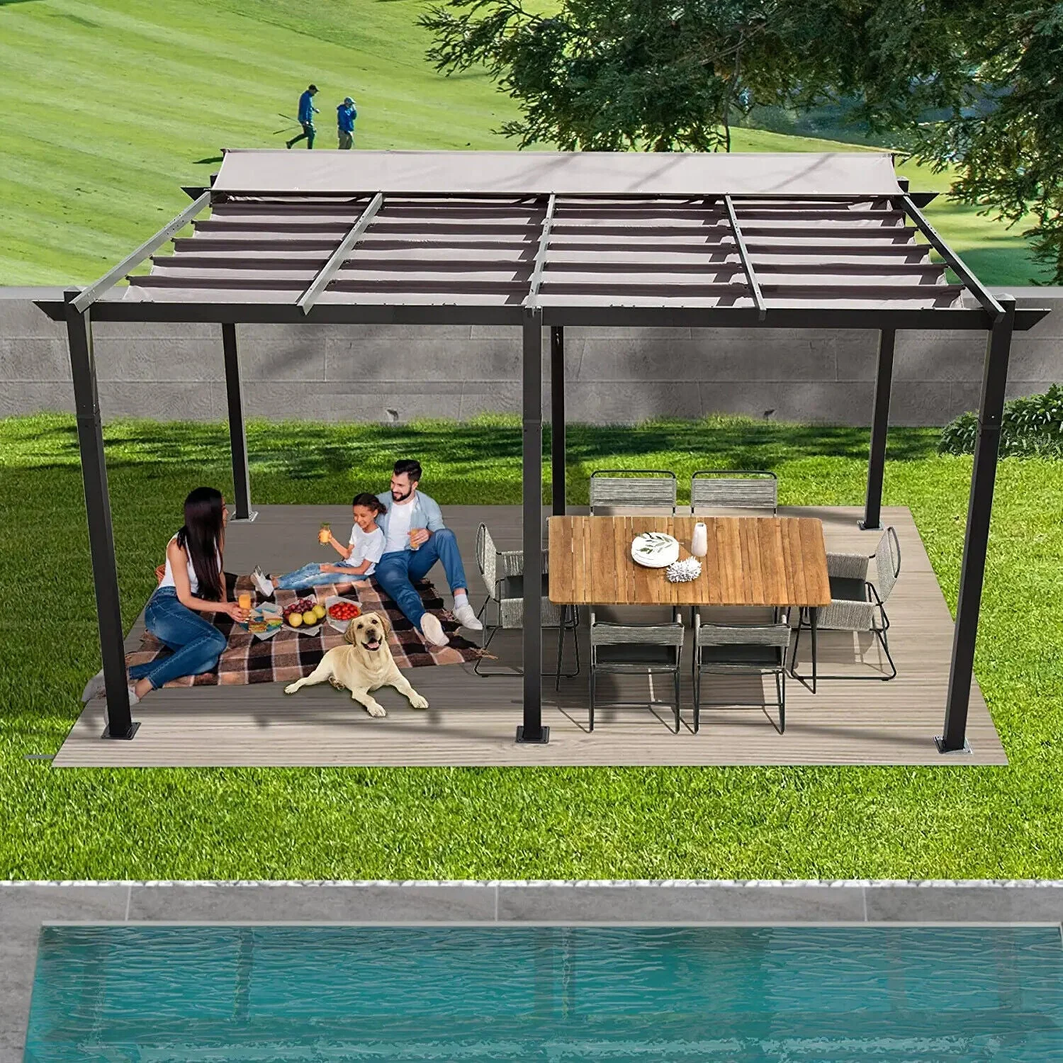 [11x16FT] Outdoor Retractable Backyard Aluminum Metal Pergola Gazebo With Roof (97516804) - Image 7