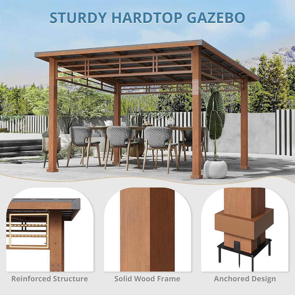 [12x14] Heavy Duty Outdoor Hardtop Wood Frame Gazebo Canopy With Metal Roof & Curtains - Image 3