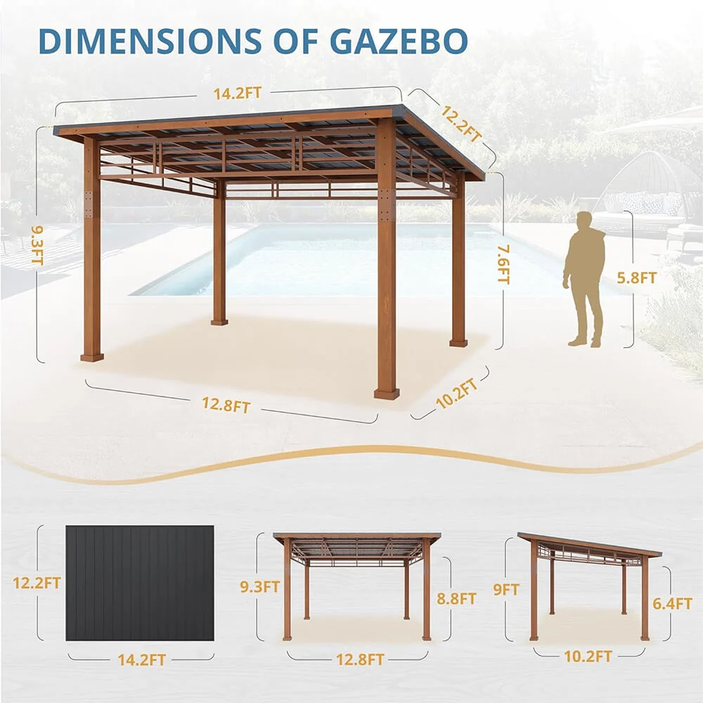 [12x14] Heavy Duty Outdoor Hardtop Wood Frame Gazebo Canopy With Metal Roof & Curtains - Image 6