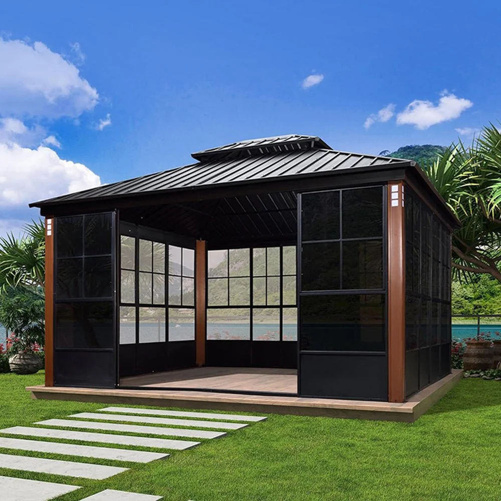 [12x14FT] Large Heavy Duty Outdoor Aluminum Patio Hard Double Steel Top Backyard Sun Room Gazebo (94625371) - Image 3