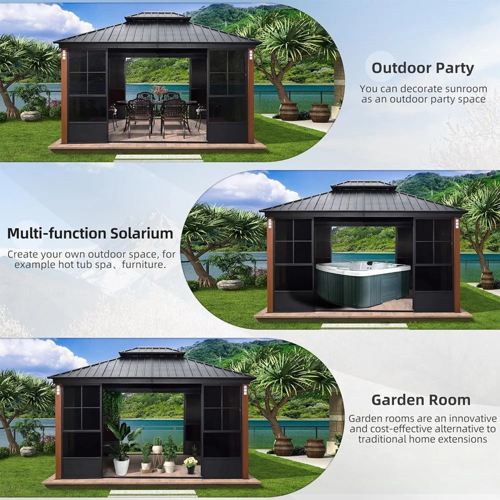 [12x14FT] Large Heavy Duty Outdoor Aluminum Patio Hard Double Steel Top Backyard Sun Room Gazebo (94625371) - Image 6