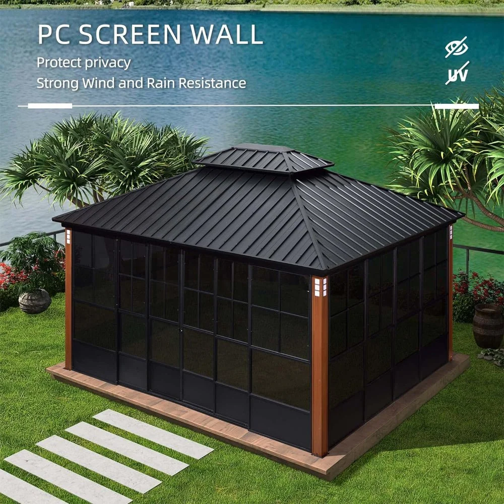 [12x14FT] Large Heavy Duty Outdoor Aluminum Patio Hard Double Steel Top Backyard Sun Room Gazebo (94625371) - Image 7