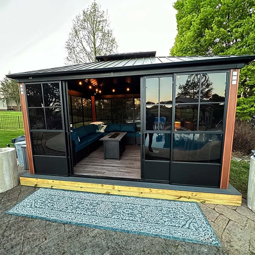 [12x14FT] Large Heavy Duty Outdoor Aluminum Patio Hard Double Steel Top Backyard Sun Room Gazebo (94625371) - Image 8