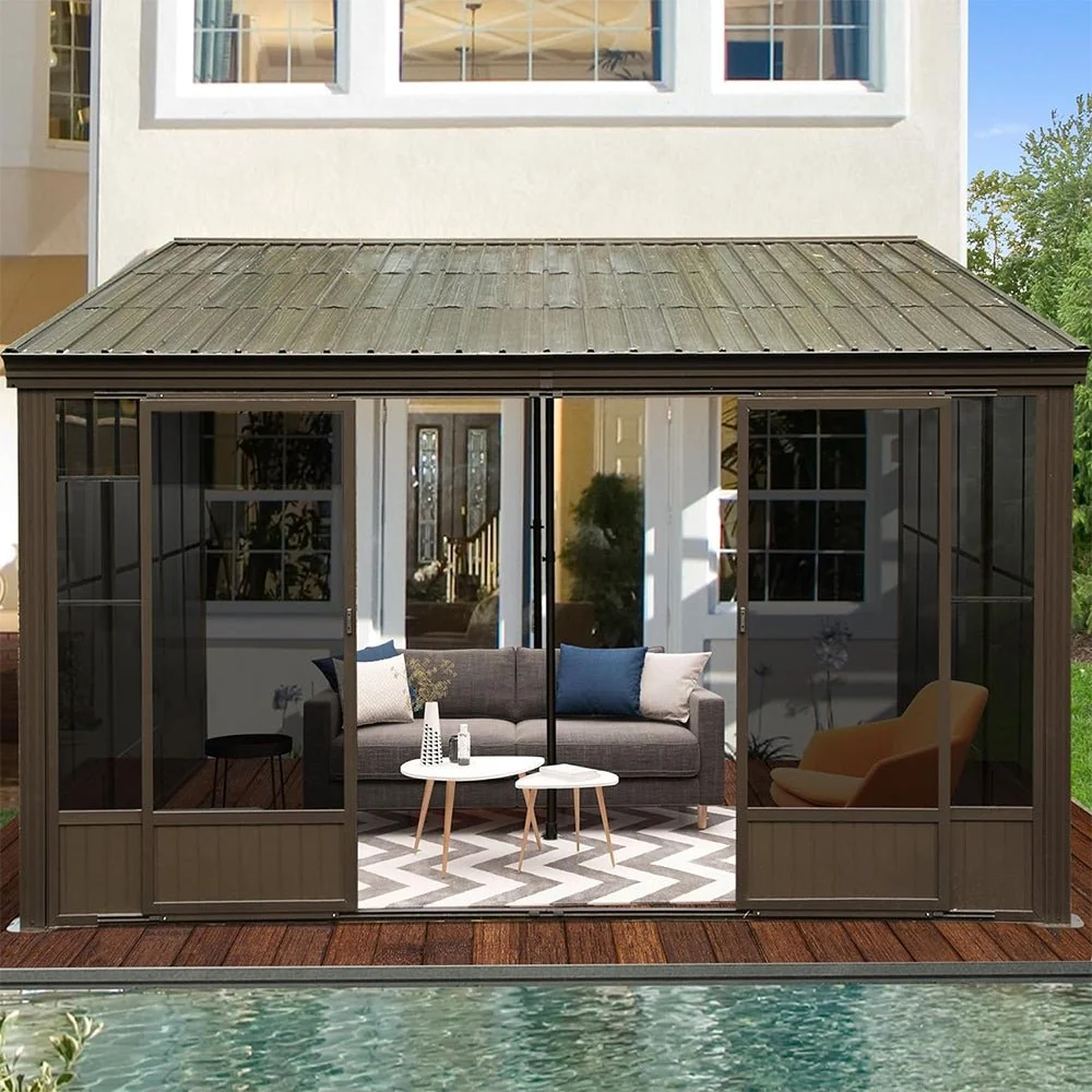 [12x14FT] Large Outdoor All-Season Wall Mounted Sunroom Solarium With Galvanized Steel Roof & Moveable PVC Screen