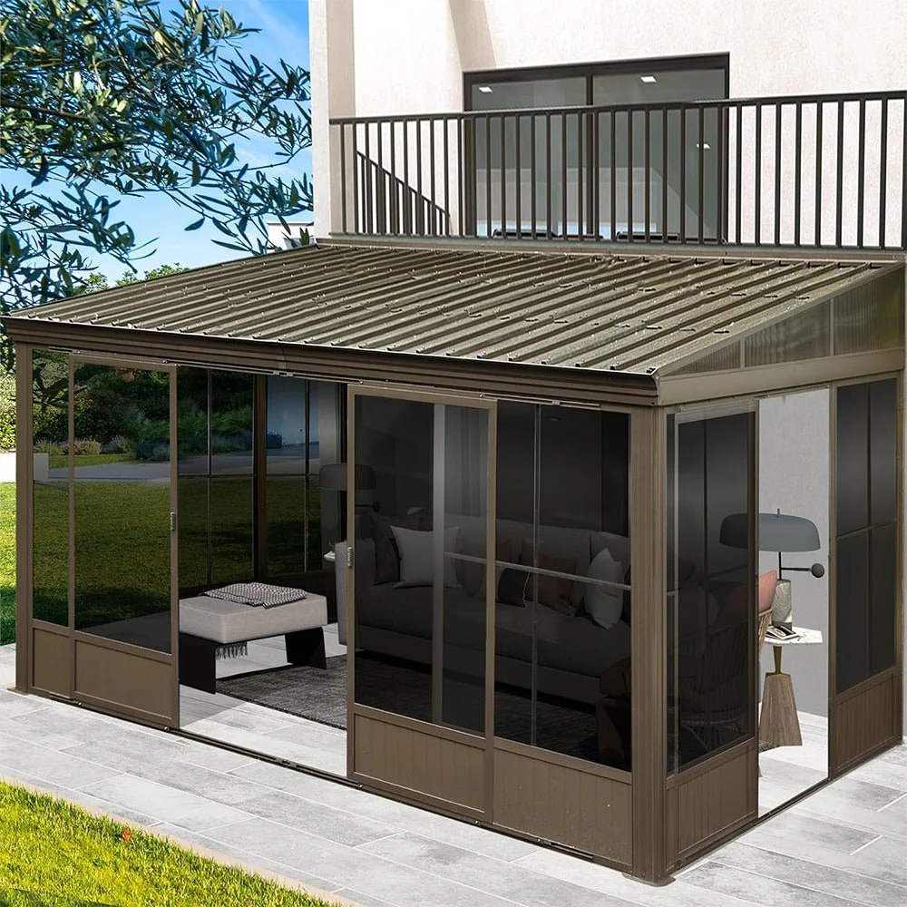 [12x14FT] Large Outdoor All-Season Wall Mounted Sunroom Solarium With Galvanized Steel Roof & Moveable PVC Screen - Image 2