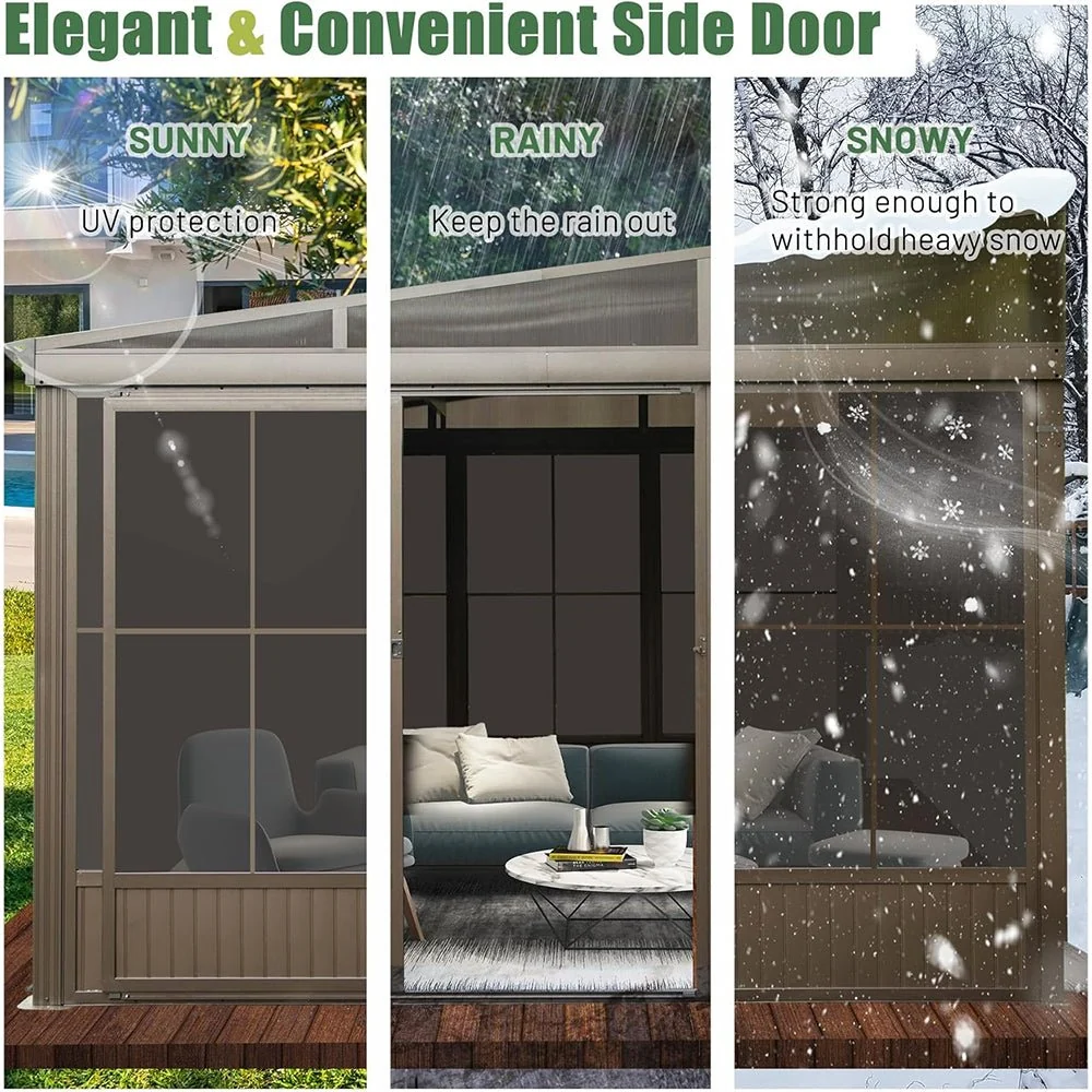 [12x14FT] Large Outdoor All-Season Wall Mounted Sunroom Solarium With Galvanized Steel Roof & Moveable PVC Screen - Image 3
