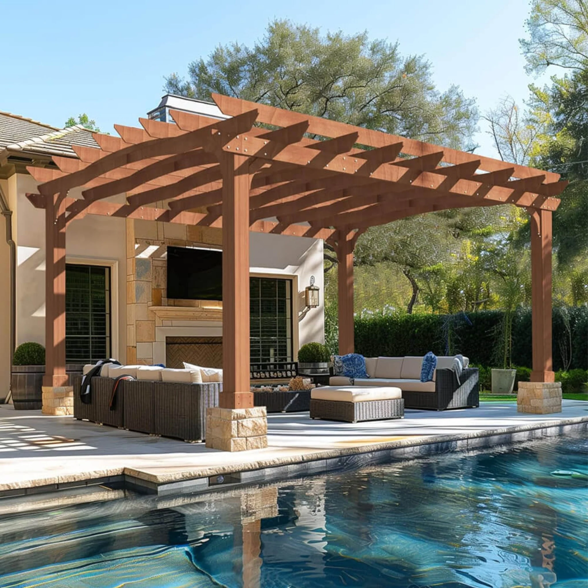 [12x14FT] Luxury Outdoor All-Season Backyard Cedar Wood Gazebo Pergola With Arched Roof And Stakes For Patios