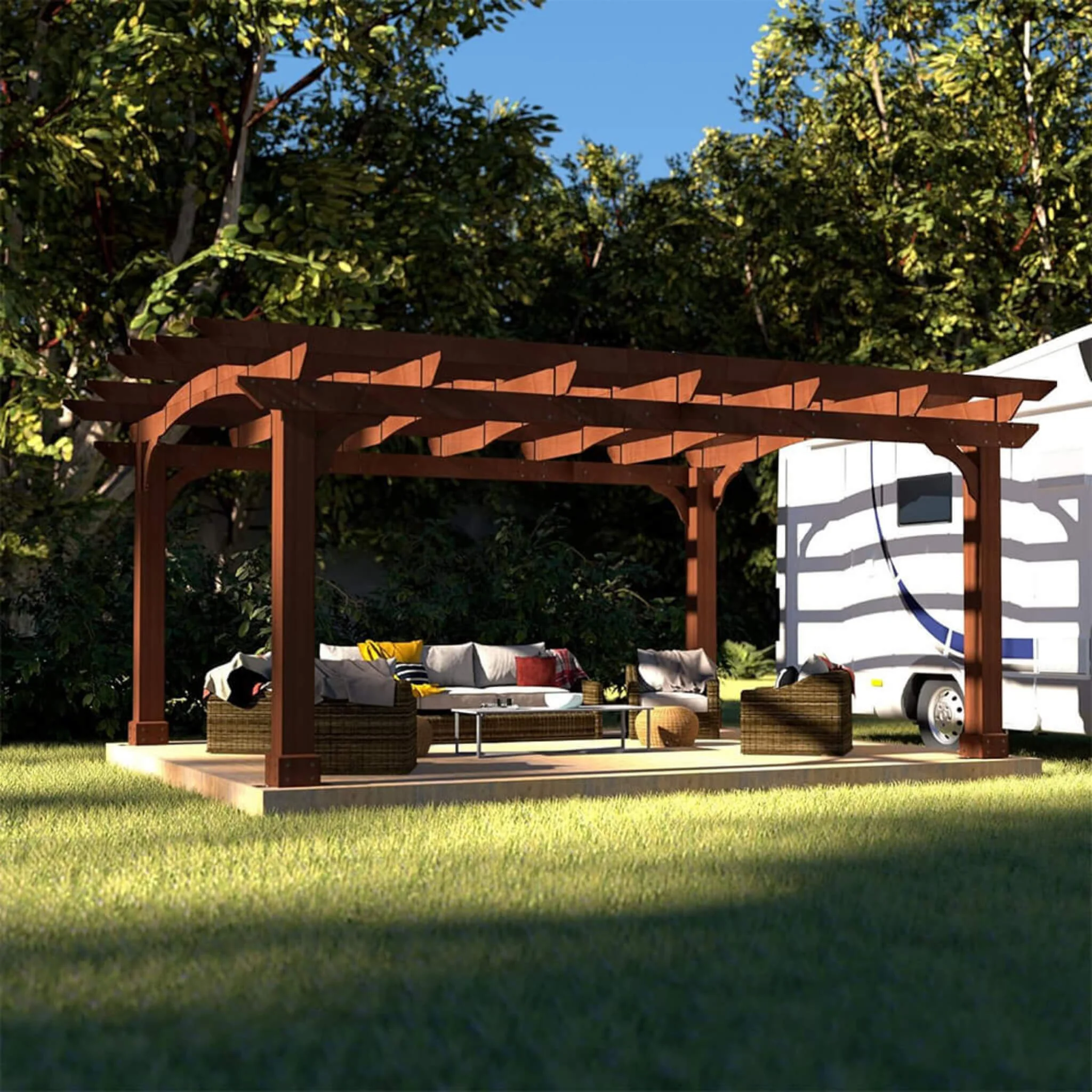 [12x14FT] Luxury Outdoor All-Season Backyard Cedar Wood Gazebo Pergola With Arched Roof And Stakes For Patios - Image 8