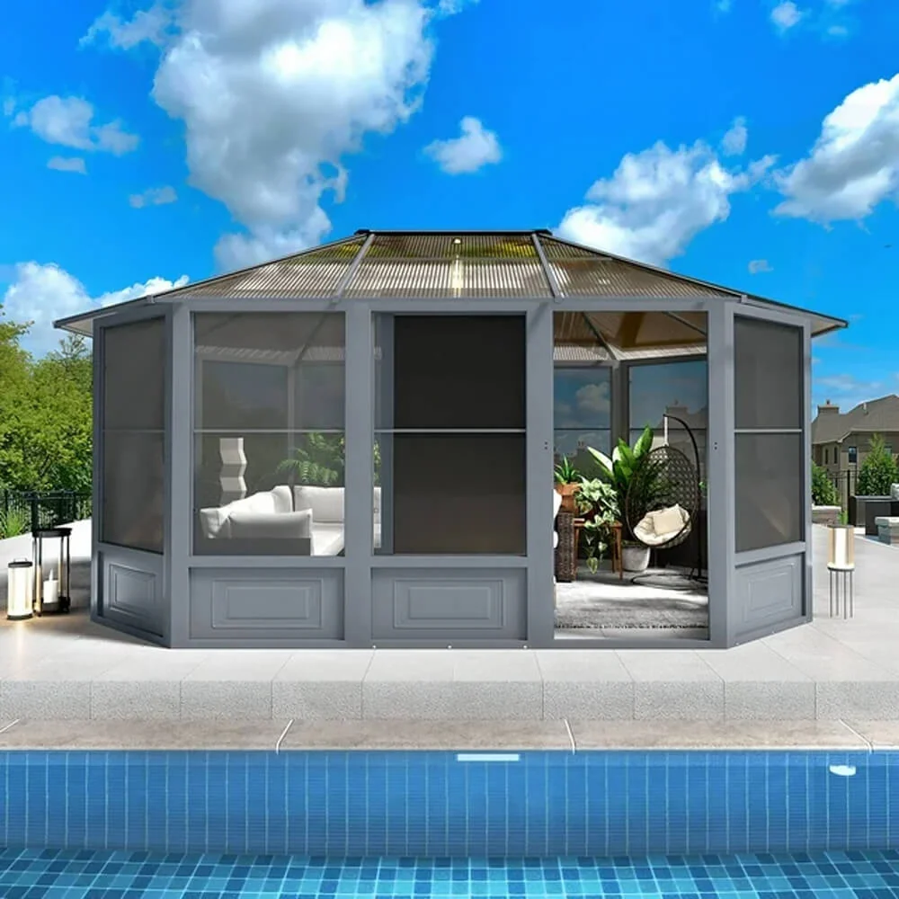 [12x15FT] Extra Large Premium Outdoor All-Season Polycarbonate Hardtop Solarium Sunroom With Sliding Doors