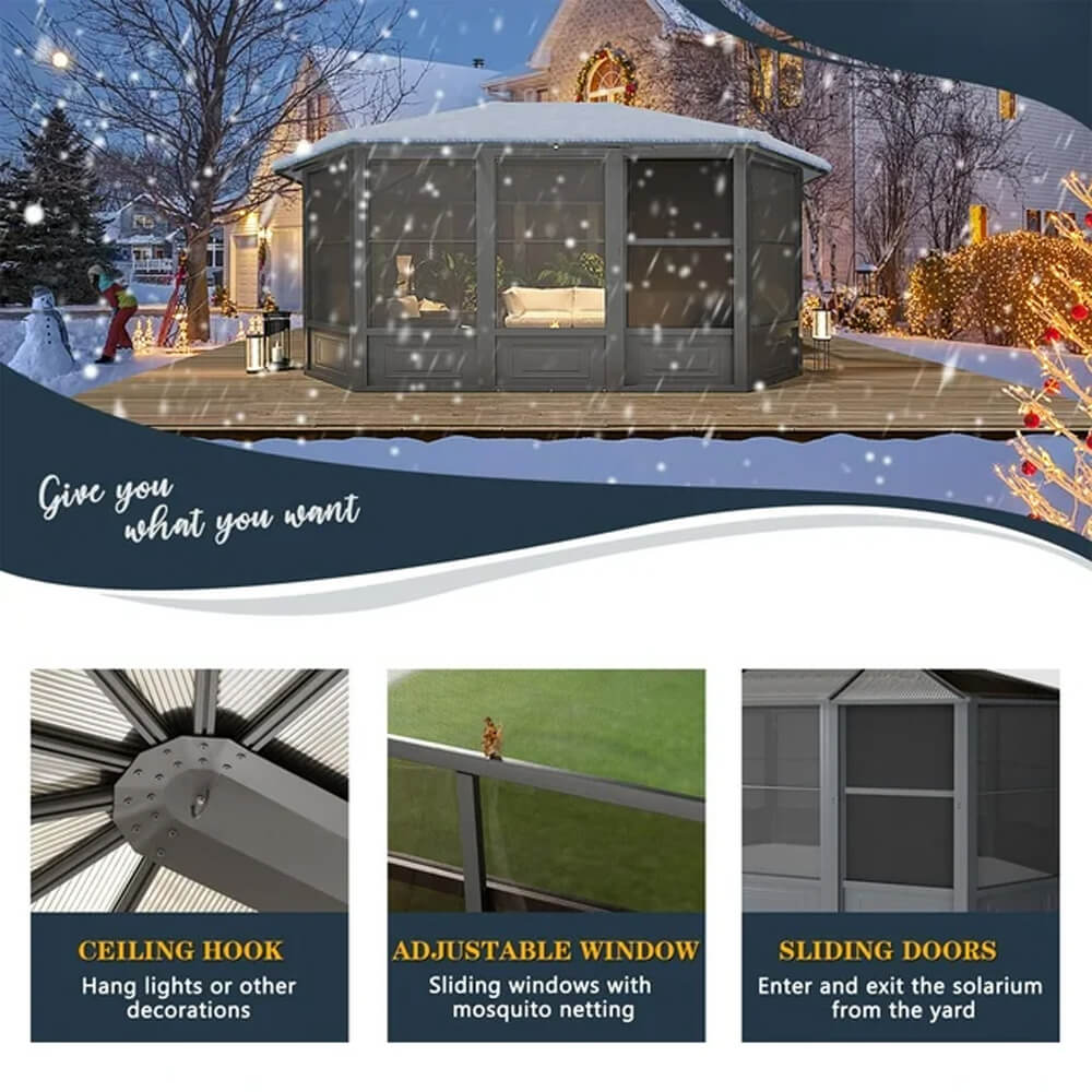 [12x15FT] Extra Large Premium Outdoor All-Season Polycarbonate Hardtop Solarium Sunroom With Sliding Doors - Image 5