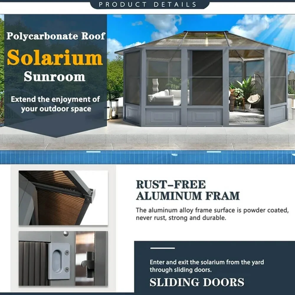 [12x15FT] Extra Large Premium Outdoor All-Season Polycarbonate Hardtop Solarium Sunroom With Sliding Doors - Image 6