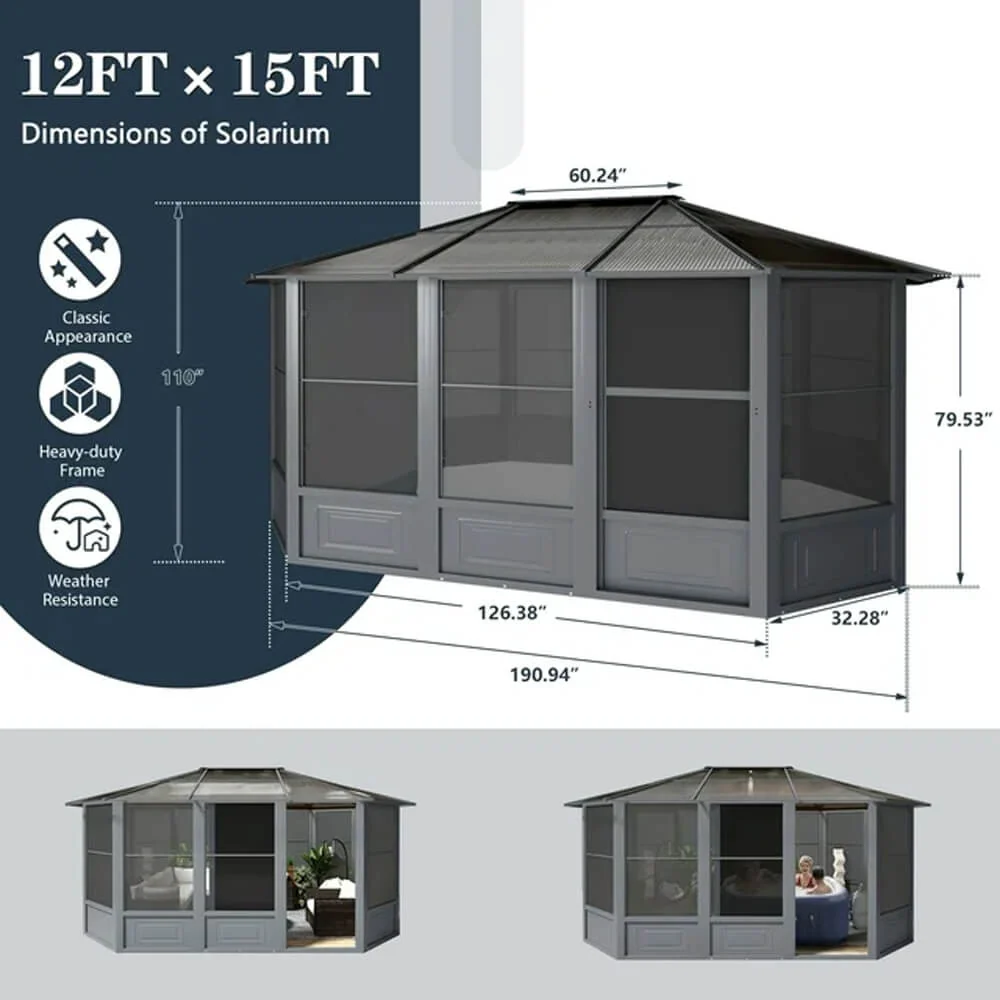 [12x15FT] Extra Large Premium Outdoor All-Season Polycarbonate Hardtop Solarium Sunroom With Sliding Doors - Image 9