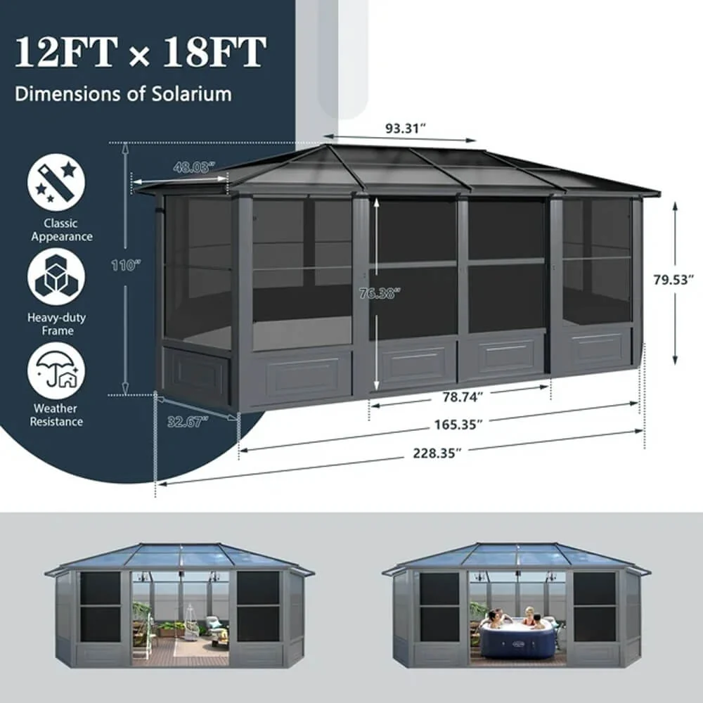 [12x18FT] Large Luxury Outdoor All-Season Aluminum Solarium Sunroom With Polycarbonate Hardtop And Sliding Doors - Image 2