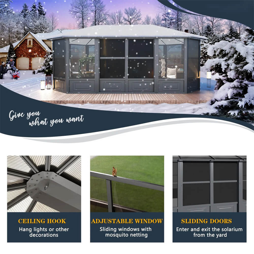 [12x18FT] Large Luxury Outdoor All-Season Aluminum Solarium Sunroom With Polycarbonate Hardtop And Sliding Doors - Image 3