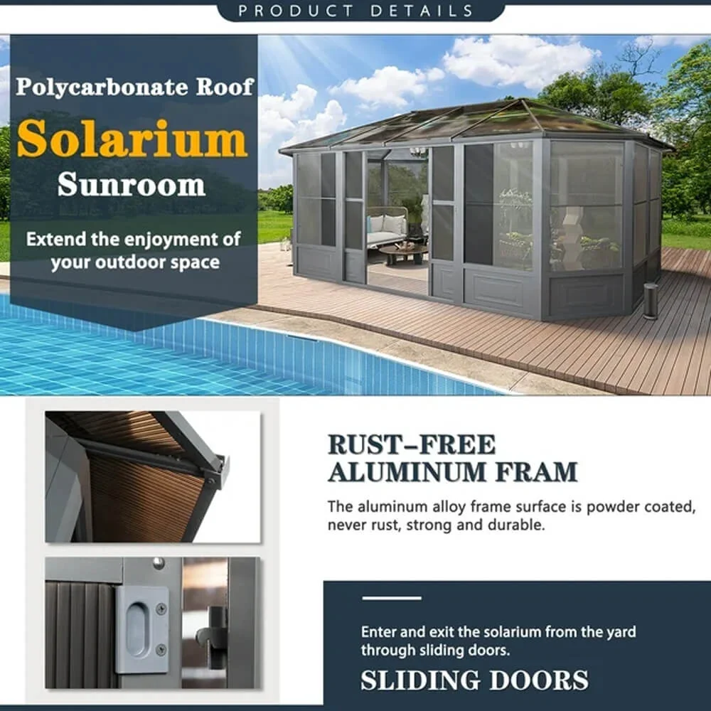[12x18FT] Large Luxury Outdoor All-Season Aluminum Solarium Sunroom With Polycarbonate Hardtop And Sliding Doors - Image 5