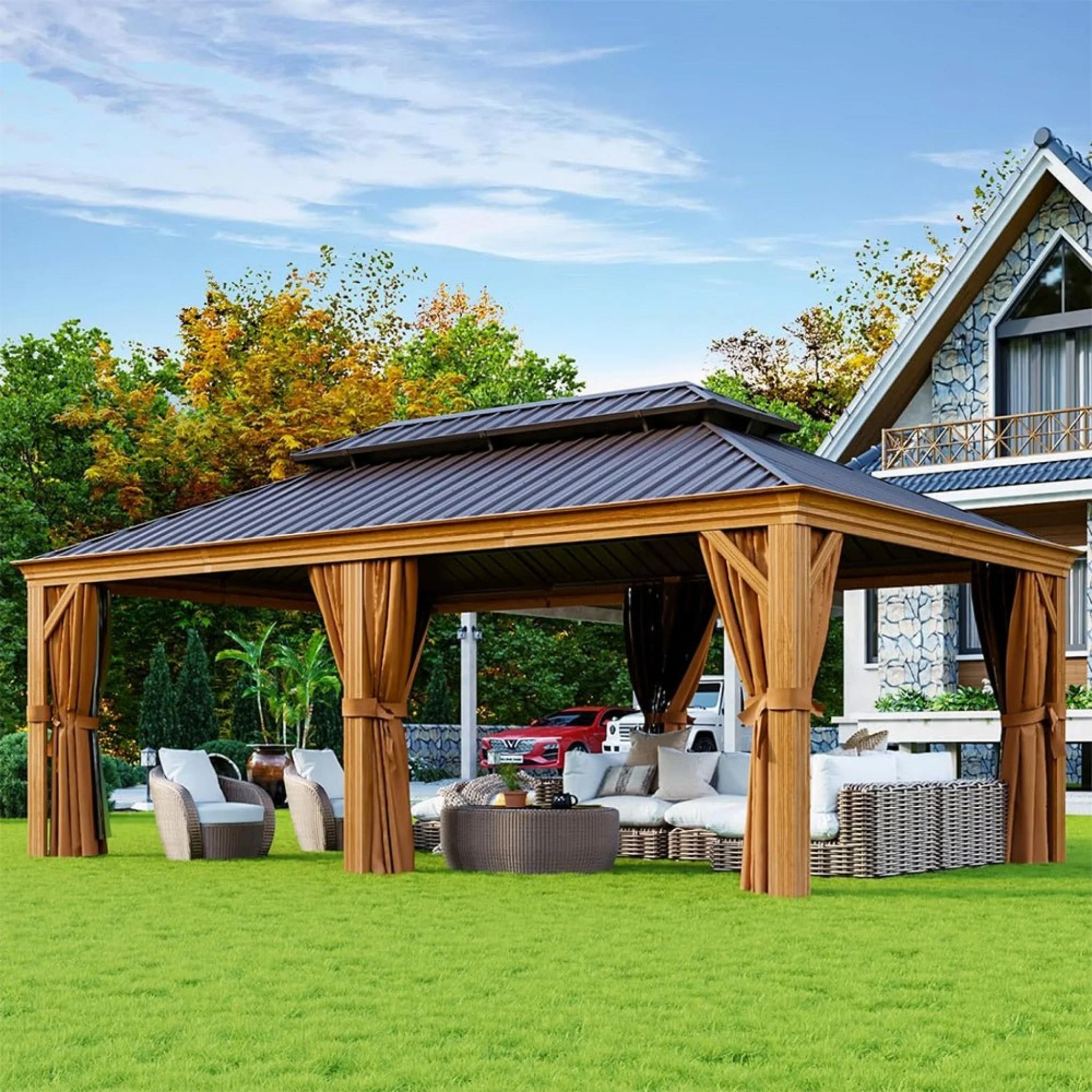 [12x20FT] AXN Premium Large Aluminum Hardtop Gazebo W/ Netting, Privacy Curtains And Wood Grain Finish (93158374) - Image 2