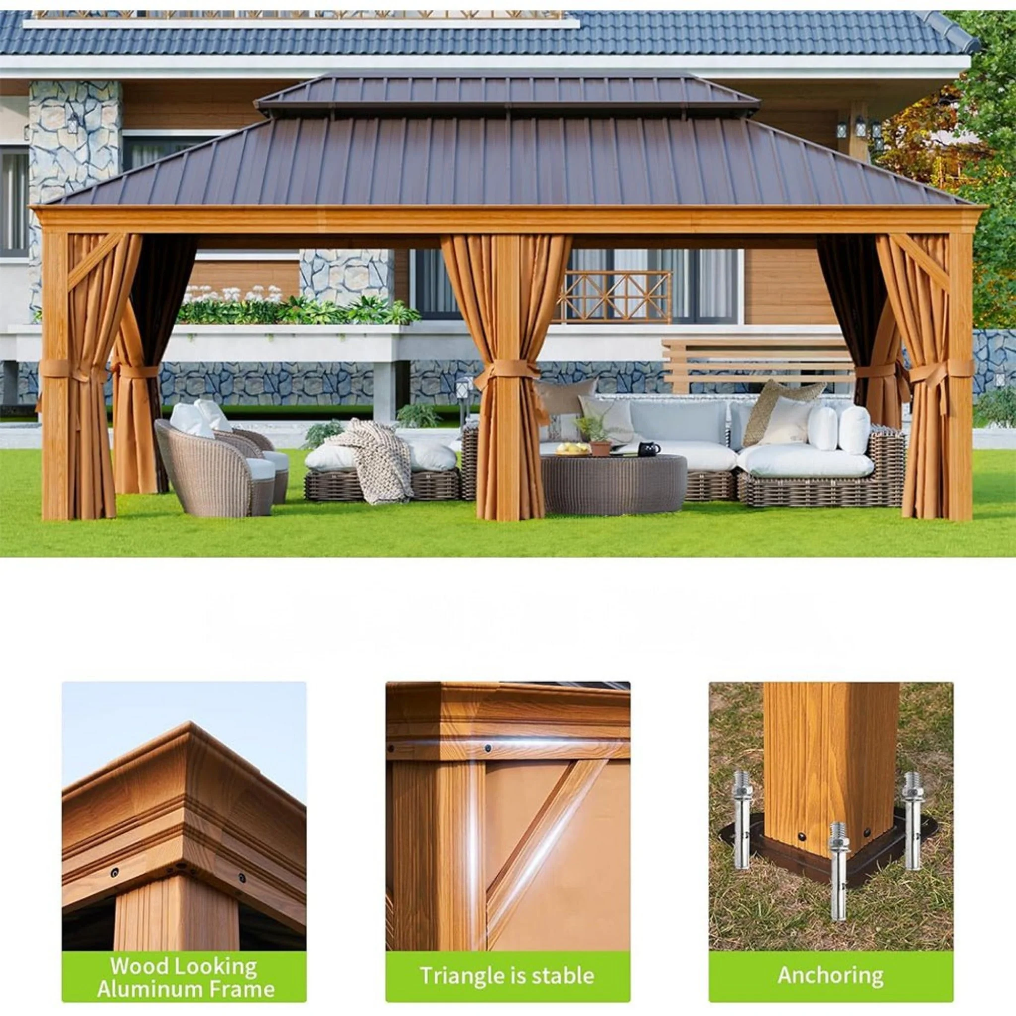 [12x20FT] AXN Premium Large Aluminum Hardtop Gazebo W/ Netting, Privacy Curtains And Wood Grain Finish (93158374) - Image 3