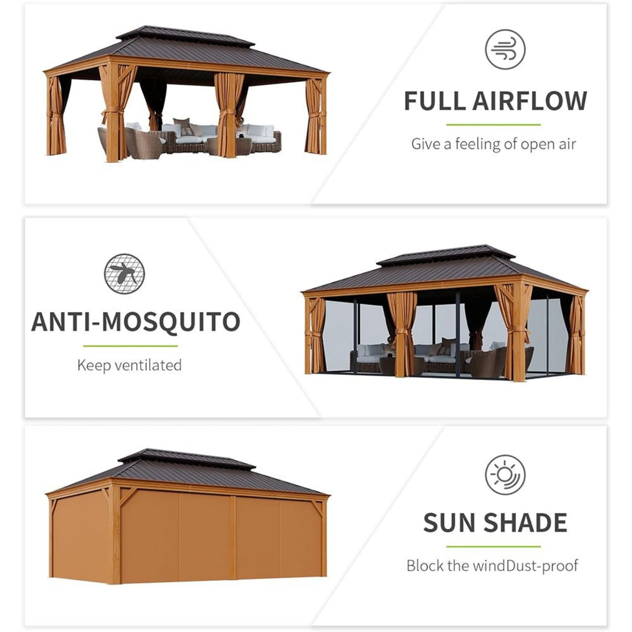 [12x20FT] AXN Premium Large Aluminum Hardtop Gazebo W/ Netting, Privacy Curtains And Wood Grain Finish (93158374) - Image 4