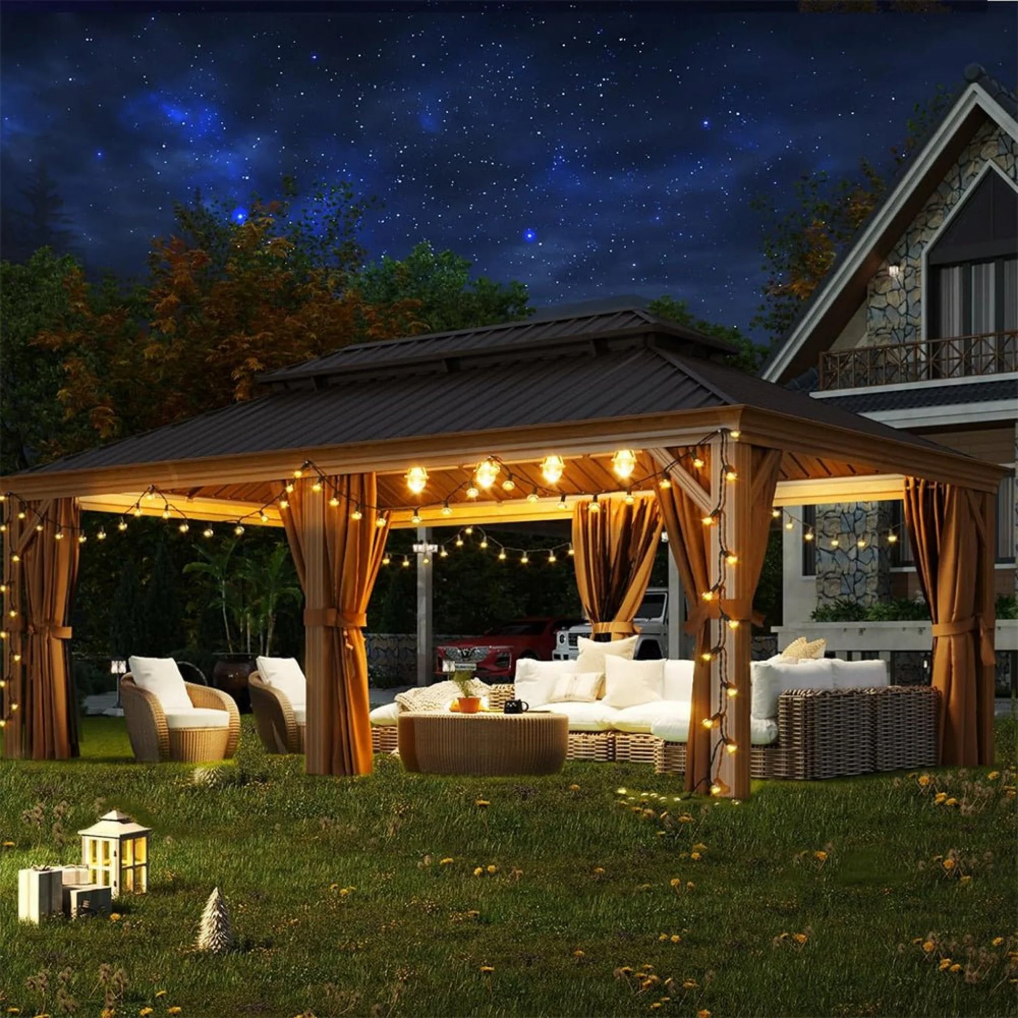 [12x20FT] AXN Premium Large Aluminum Hardtop Gazebo W/ Netting, Privacy Curtains And Wood Grain Finish (93158374) - Image 6