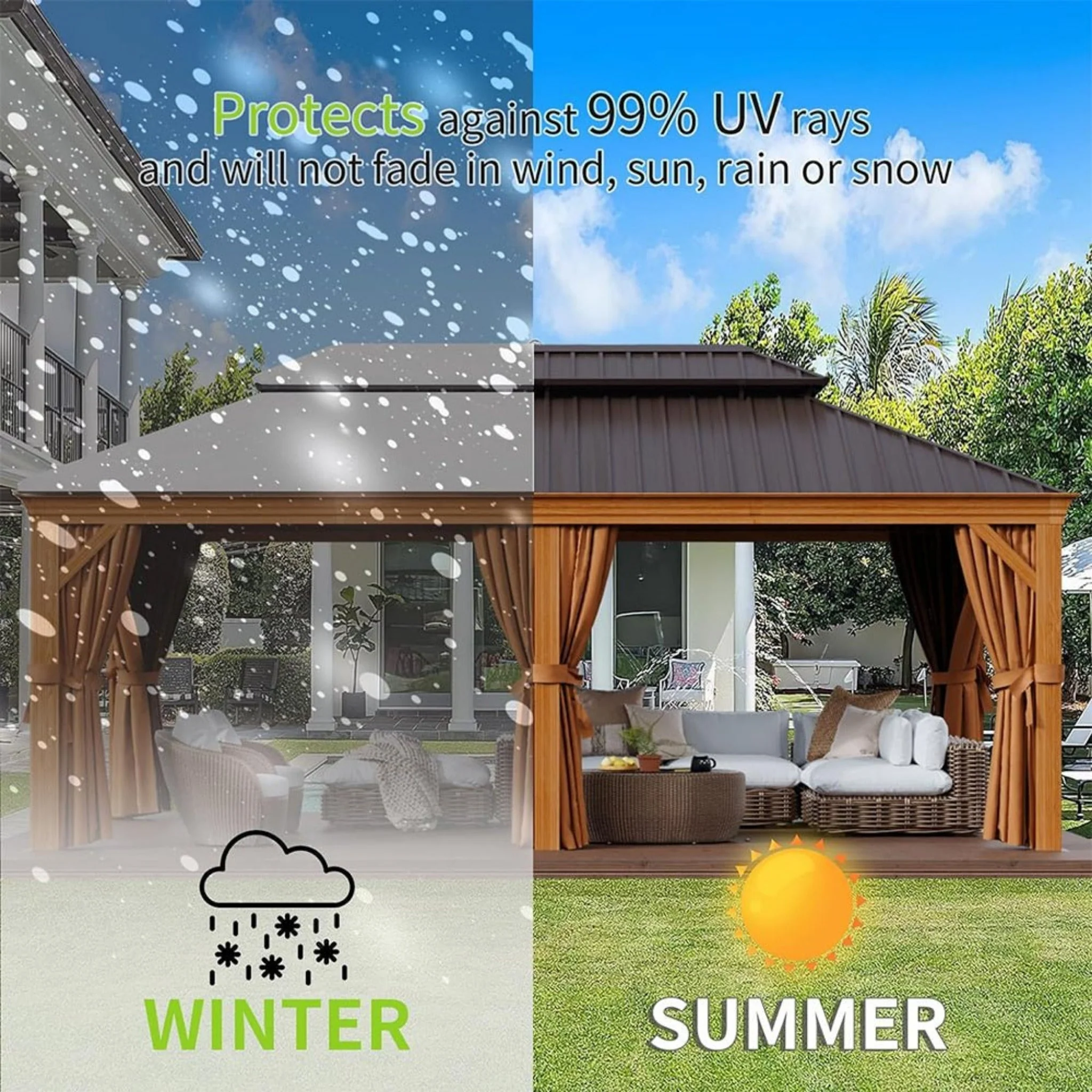 [12x20FT] AXN Premium Large Aluminum Hardtop Gazebo W/ Netting, Privacy Curtains And Wood Grain Finish (93158374) - Image 7