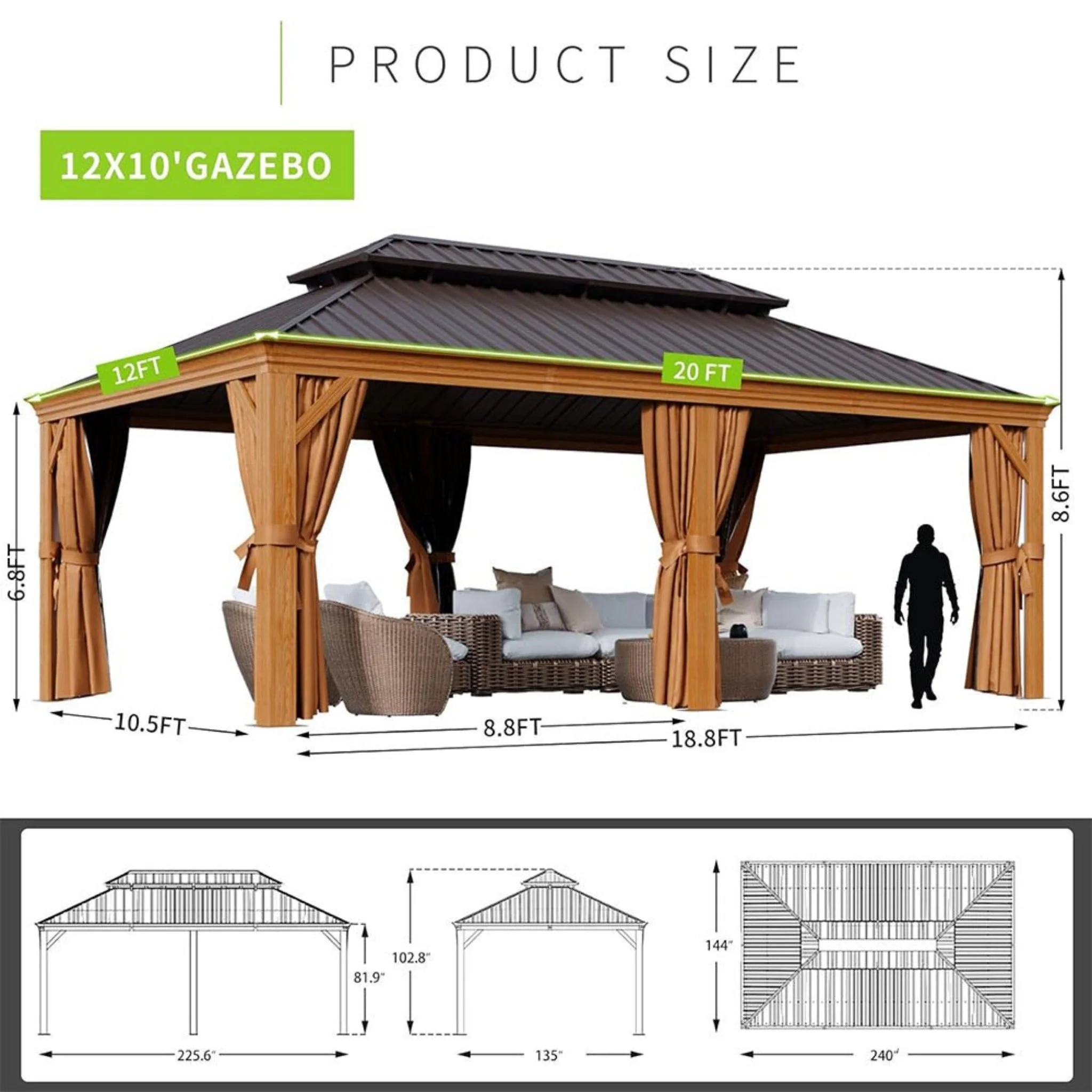 [12x20FT] AXN Premium Large Aluminum Hardtop Gazebo W/ Netting, Privacy Curtains And Wood Grain Finish (93158374) - Image 8