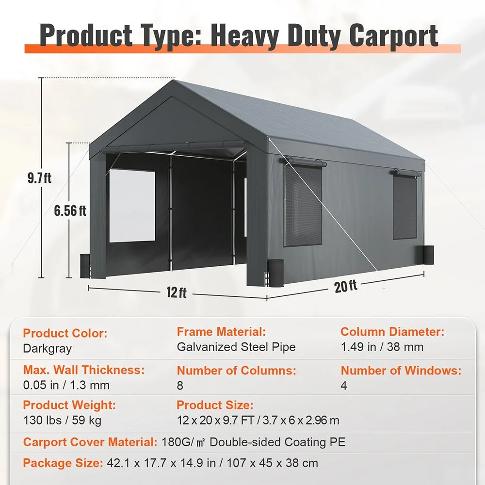 [12x20FT] Heavy Duty Outdoor Premium Garage Tarp Canopy Shelter W/ Removable Sidewalls - Image 12