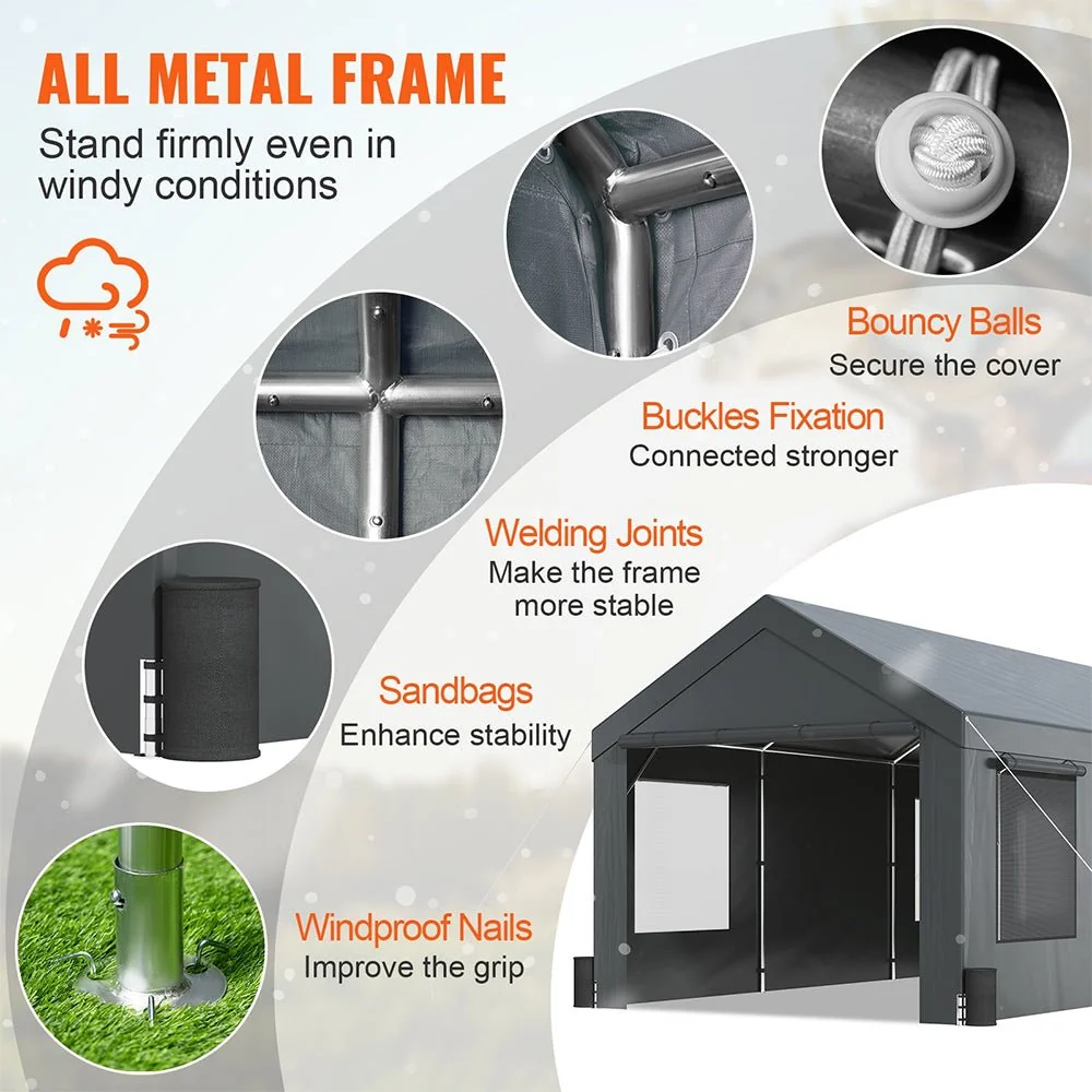 [12x20FT] Heavy Duty Outdoor Premium Garage Tarp Canopy Shelter W/ Removable Sidewalls - Image 9