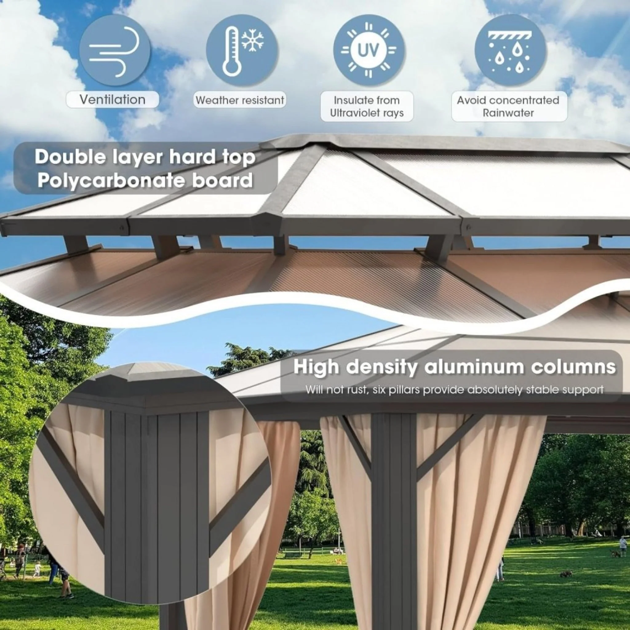 [12x20FT] Premium Aluminum Outdoor Polycarbonate Hardtop Gazebo With UV Protection, Netting & Curtains (96815273) - Image 4
