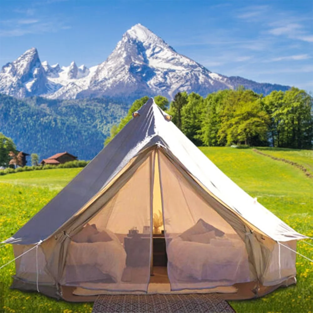 13FT Outdoor Glamping Yurt Teepee Canvas Camping Bell Family Waterproof Tent W/ Stove Jack