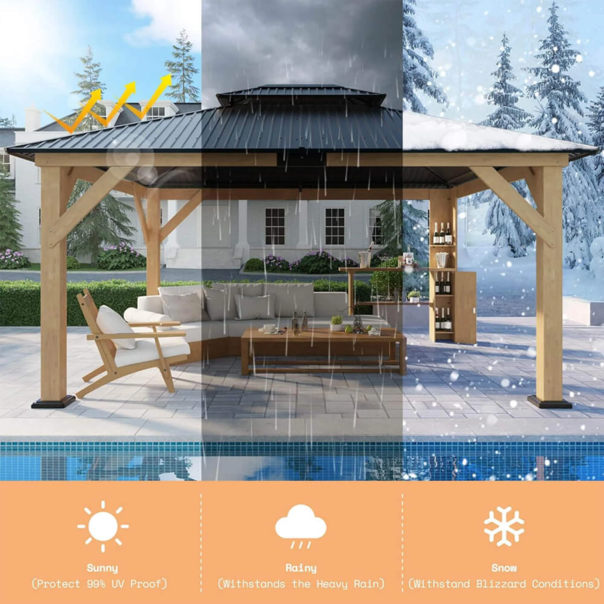 [13x15FT] Premium Outdoor All-Season Wooden Cedar Hardtop Gazebo Carport With Double Iron Roof - Image 4