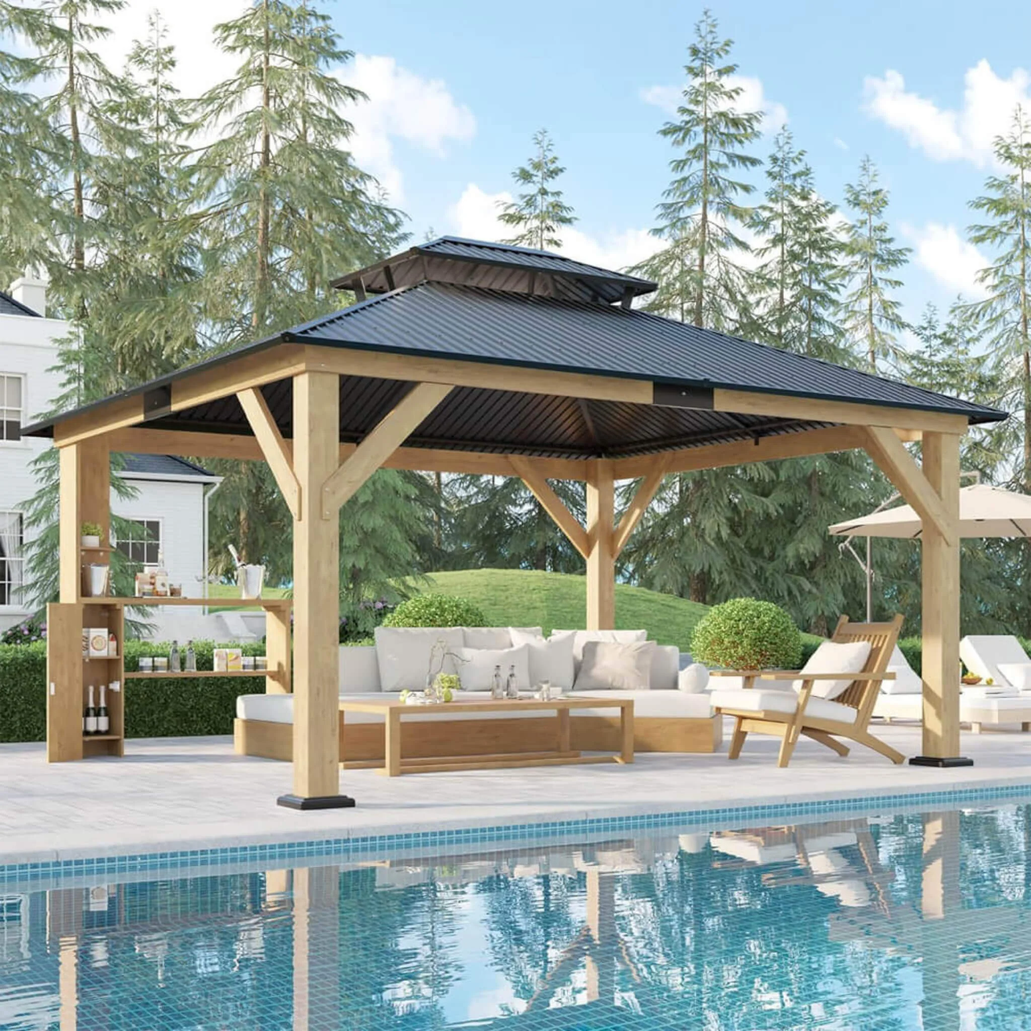 [13x15FT] Premium Outdoor All-Season Wooden Cedar Hardtop Gazebo Carport With Double Iron Roof - Image 6