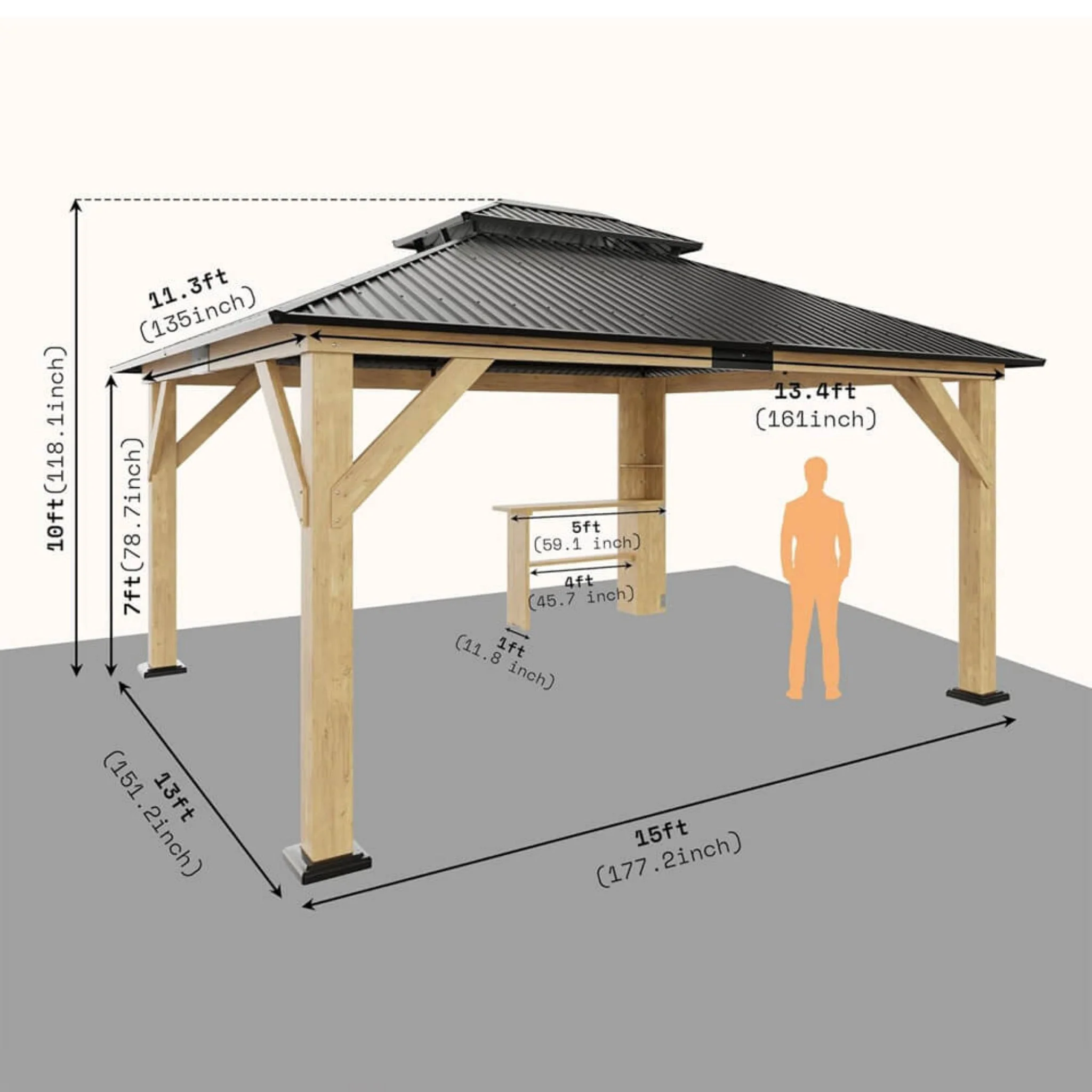 [13x15FT] Premium Outdoor All-Season Wooden Cedar Hardtop Gazebo Carport With Double Iron Roof - Image 7