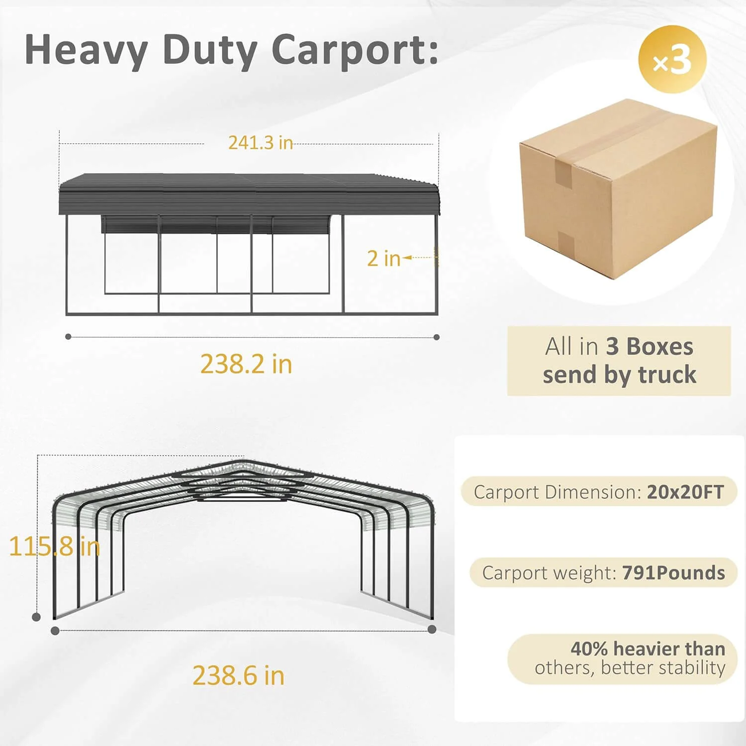 [20x20FT] Heavy Duty Extra Large 2 Car Metal Carport Kit For Cars, Boats, And Trucks - Image 2